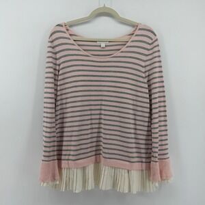 Charter Club Sweater Pink Grey Womens Large Striped Pleated Hem Layered Pullover